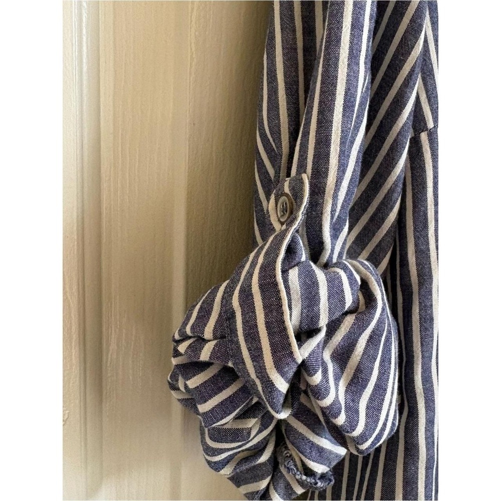 Sundance Striped Navy and White Dylan Button-Front 100% Cotton Top Coastal Large - Picture 2 of 7